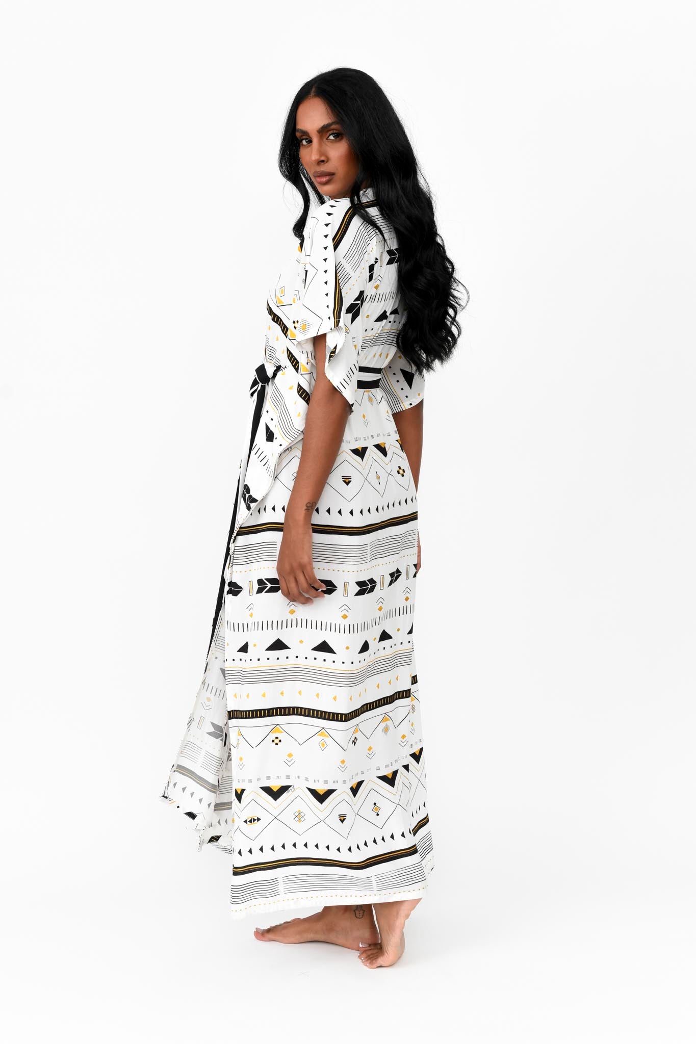 Zahlia Long Kimono - Tribal White