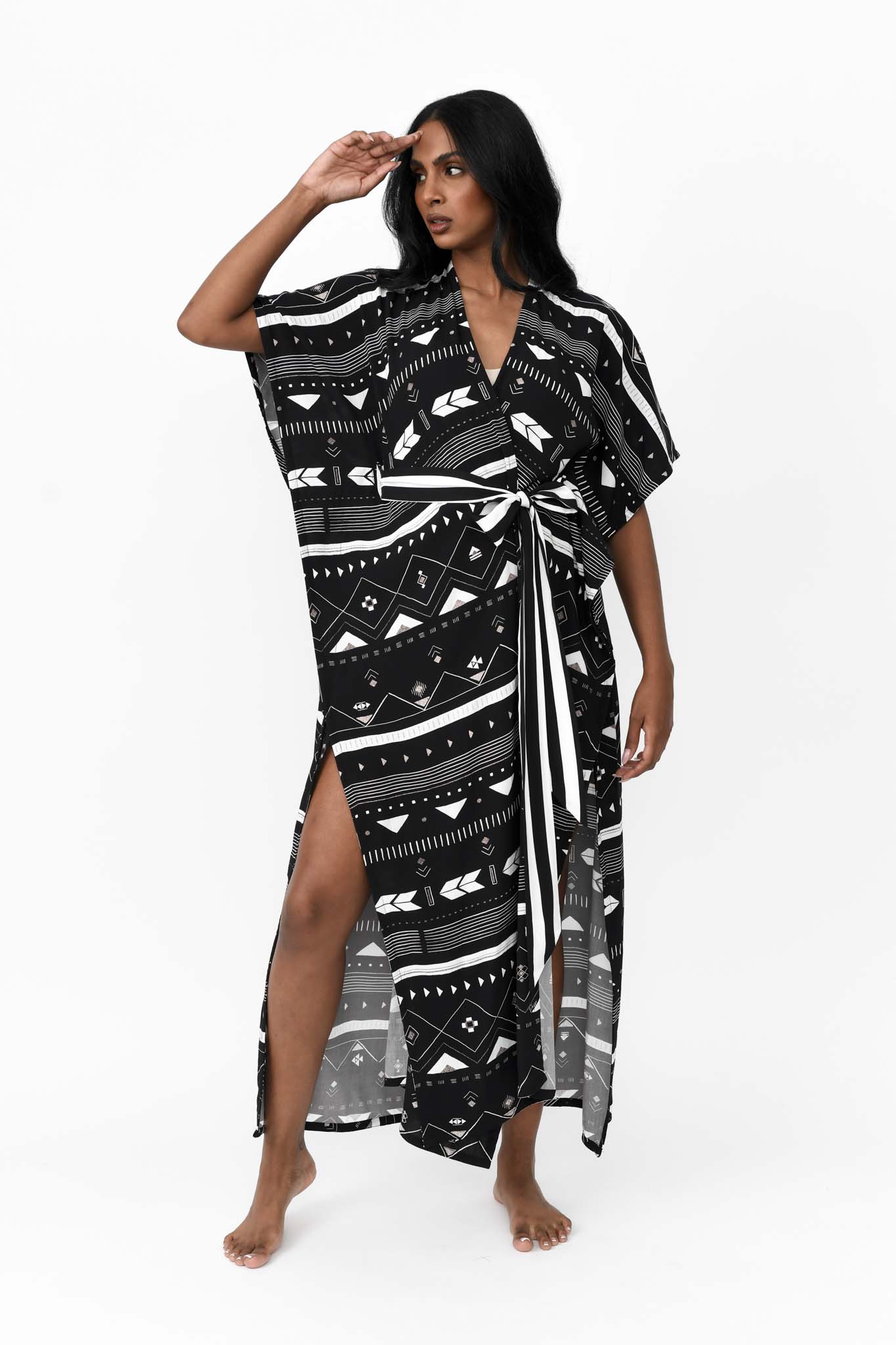 Zahlia Long Kimono - Tribal Black