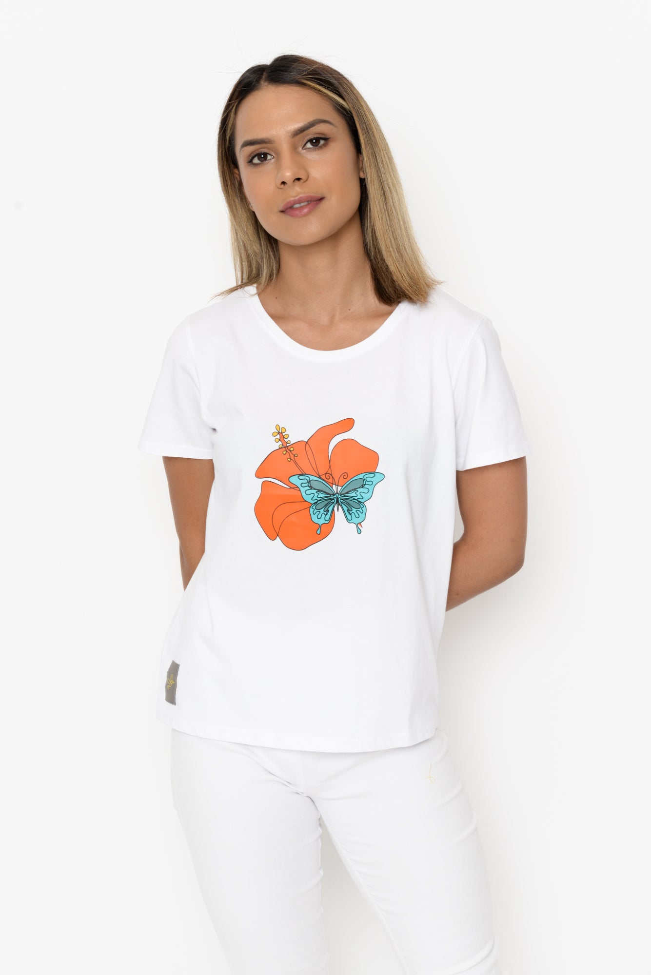 Women's Cube Tee - Blue Butterfly & Coral Hibiscus