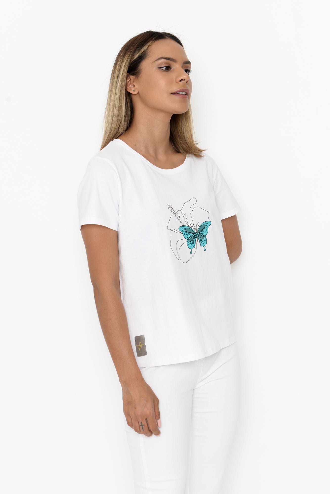 Women's Cube Tee - Blue Butterfly & Hibiscus